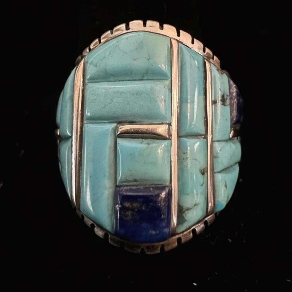 Turquoise & Lapis Inlay Statement Ring sterling Silver setting native design‎ - Picture 7 of 7
